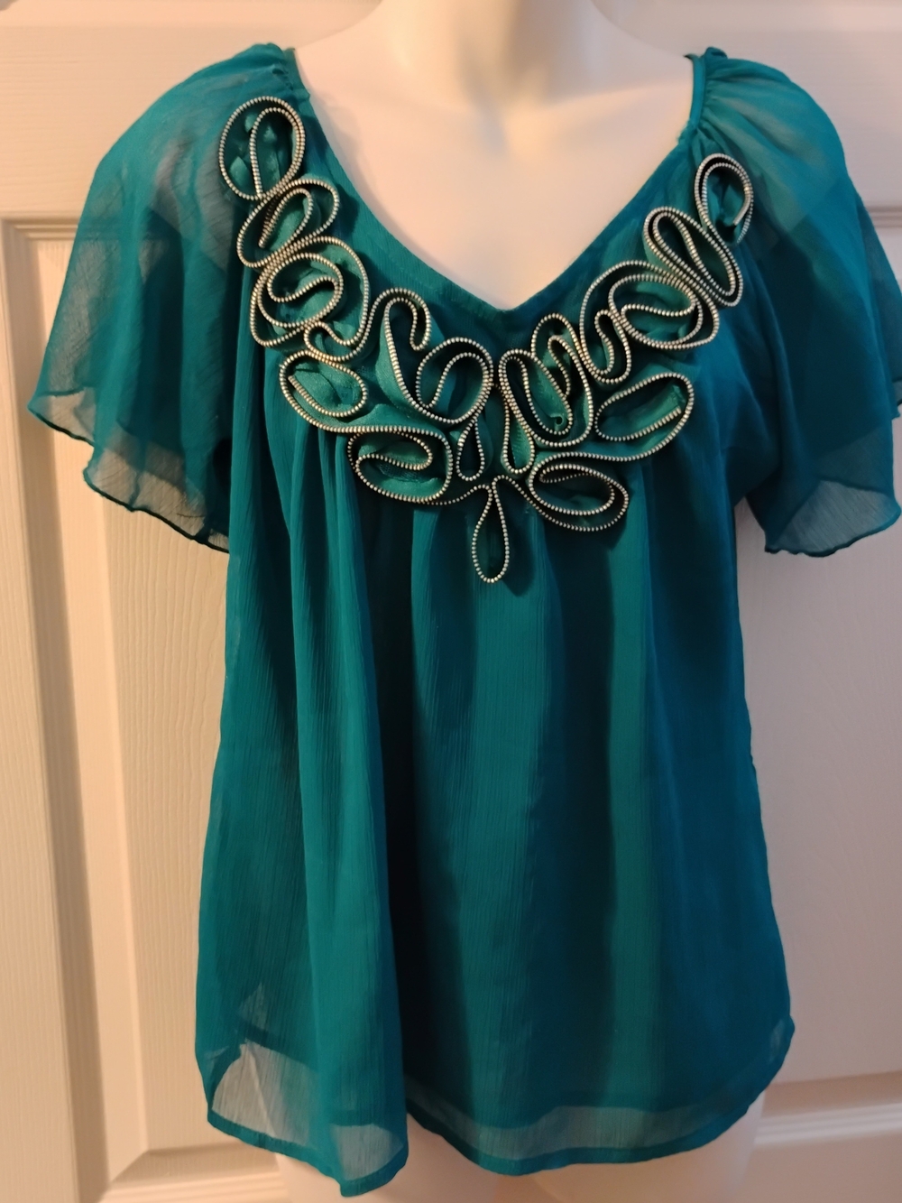 Teal Chiffon V-Neck Blouse with Decorative Loop Trim